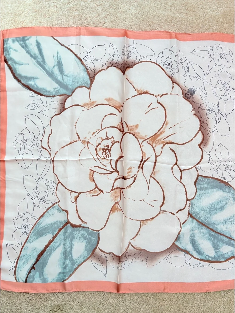Elegant Floral Print Scarf with Coral Border